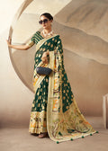 Monjolika Fashion Dark Green Georgette Weaving Zari Printed Classic Saree | Grocsy