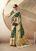 Monjolika Fashion Dark Green Georgette Weaving Zari Printed Classic Saree | Grocsy