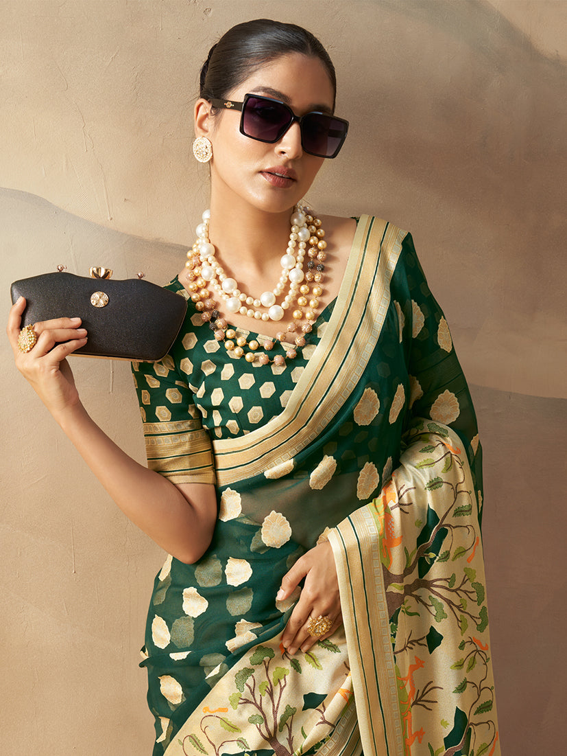 Monjolika Fashion Dark Green Georgette Weaving Zari Printed Classic Saree | Grocsy