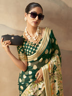 Monjolika Fashion Dark Green Georgette Weaving Zari Printed Classic Saree | Grocsy