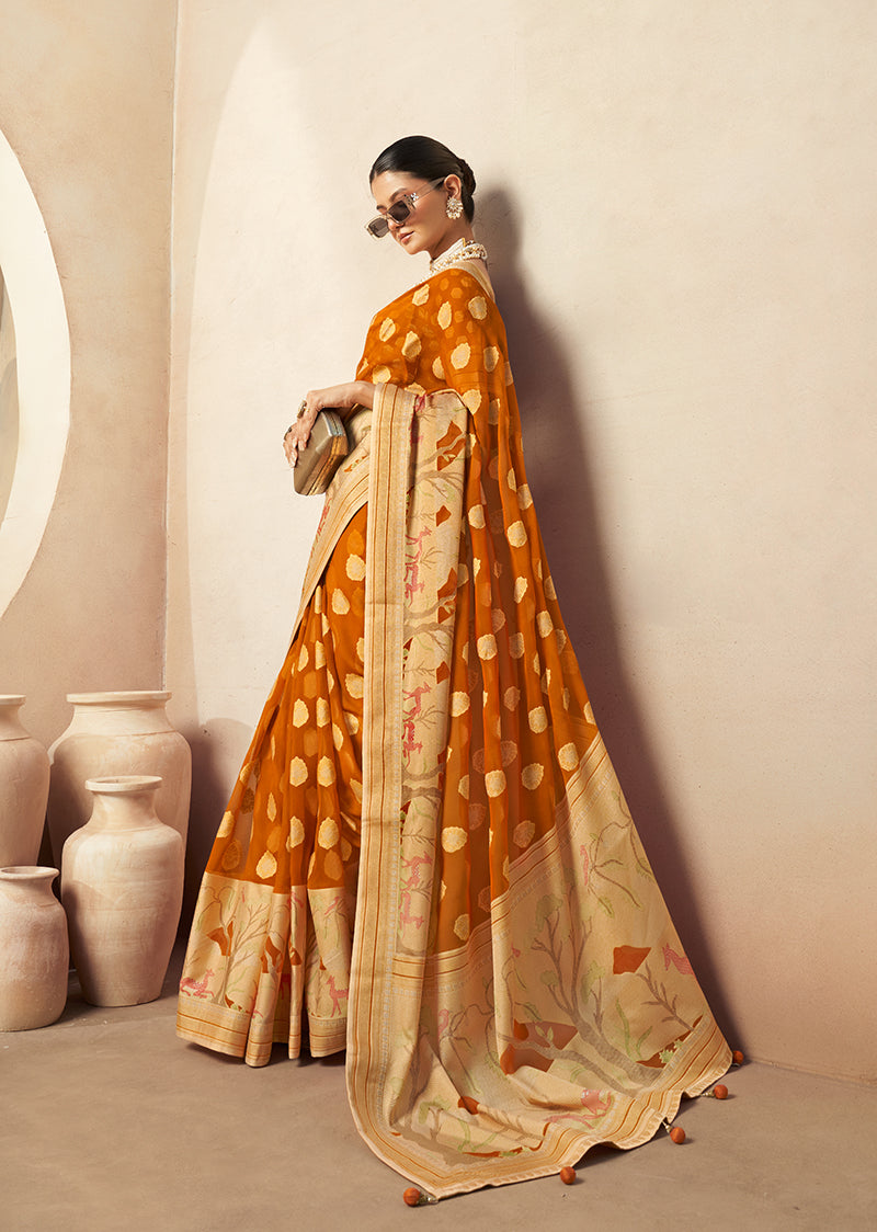 Monjolika Fashion Orange Georgette Weaving Zari Printed Classic Saree | Grocsy