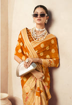 Monjolika Fashion Orange Georgette Weaving Zari Printed Classic Saree | Grocsy