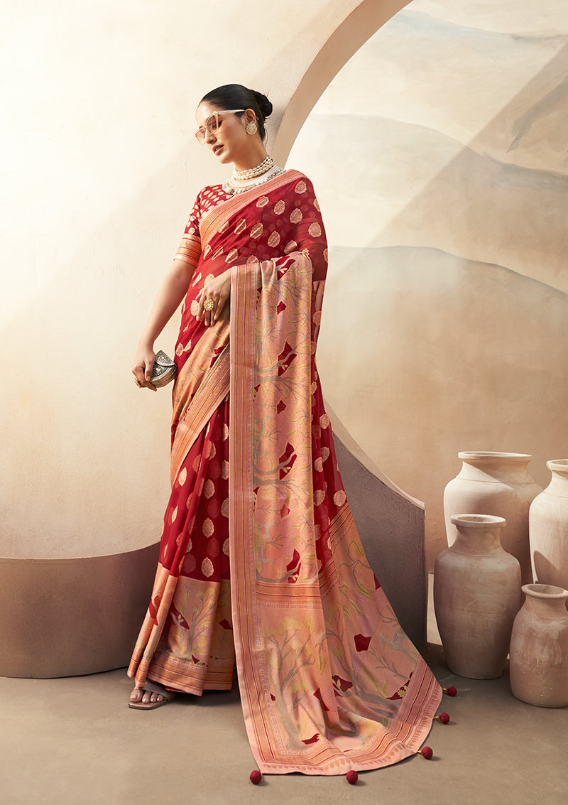 Monjolika Fashion Red Georgette Weaving Zari Printed Classic Saree | Grocsy