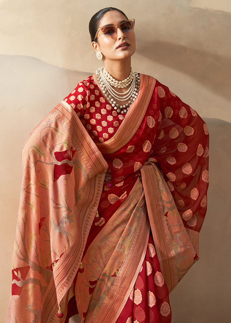 Monjolika Fashion Red Georgette Weaving Zari Printed Classic Saree | Grocsy