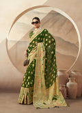 Monjolika Fashion Green Georgette Weaving Zari Printed Classic Saree | Grocsy