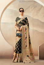 Monjolika Fashion Black Georgette Weaving Zari Printed Classic Saree | Grocsy