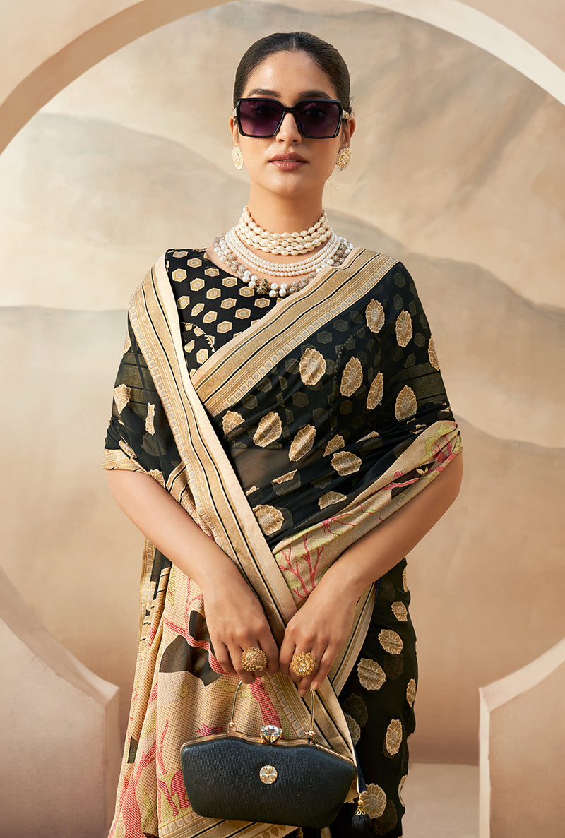 Monjolika Fashion Black Georgette Weaving Zari Printed Classic Saree | Grocsy