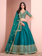 Monjolika Fashion Teal Embroidered Art Silk Designer Lehenga Choli | Grocsy