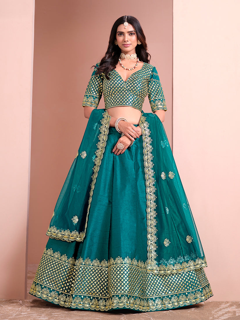 Monjolika Fashion Teal Embroidered Art Silk Designer Lehenga Choli | Grocsy