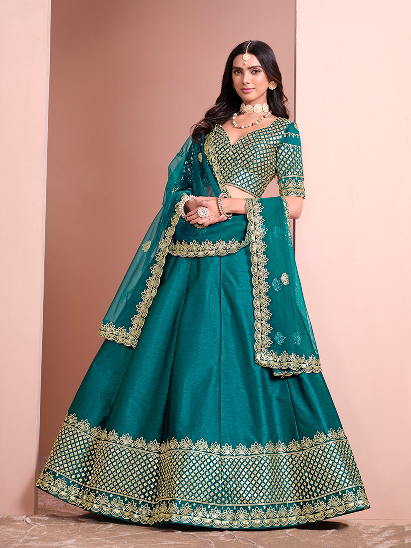 Monjolika Fashion Teal Embroidered Art Silk Designer Lehenga Choli | Grocsy