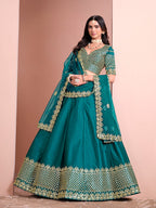 Monjolika Fashion Teal Embroidered Art Silk Designer Lehenga Choli | Grocsy