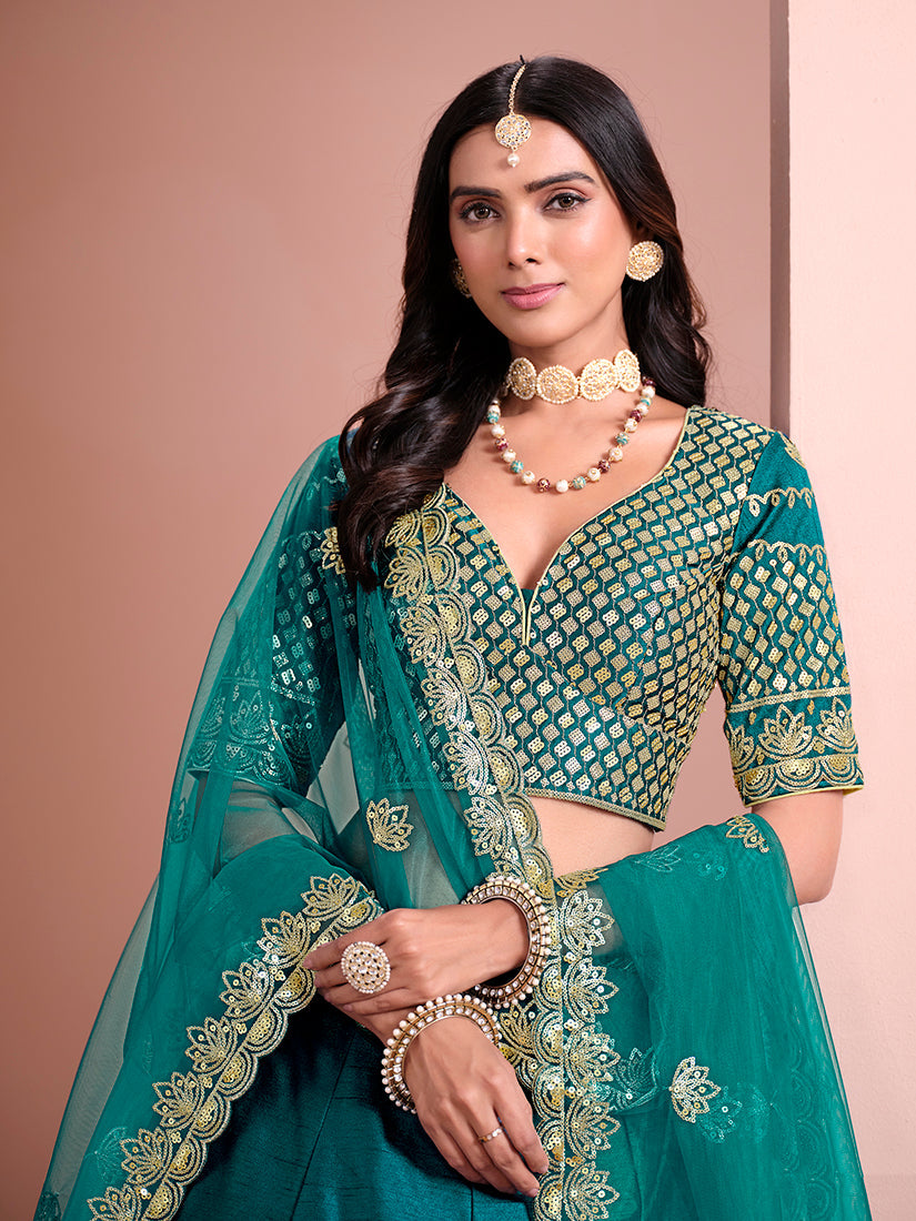 Monjolika Fashion Teal Embroidered Art Silk Designer Lehenga Choli | Grocsy