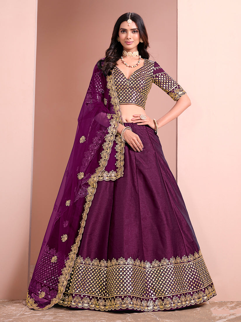 Monjolika Fashion Dark Purple Embroidered Art Silk Designer Lehenga Choli | Grocsy
