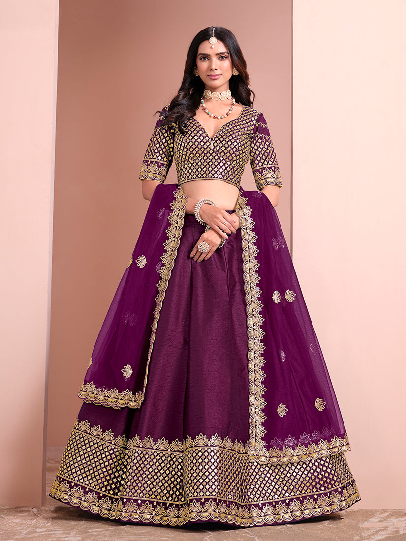 Monjolika Fashion Dark Purple Embroidered Art Silk Designer Lehenga Choli | Grocsy