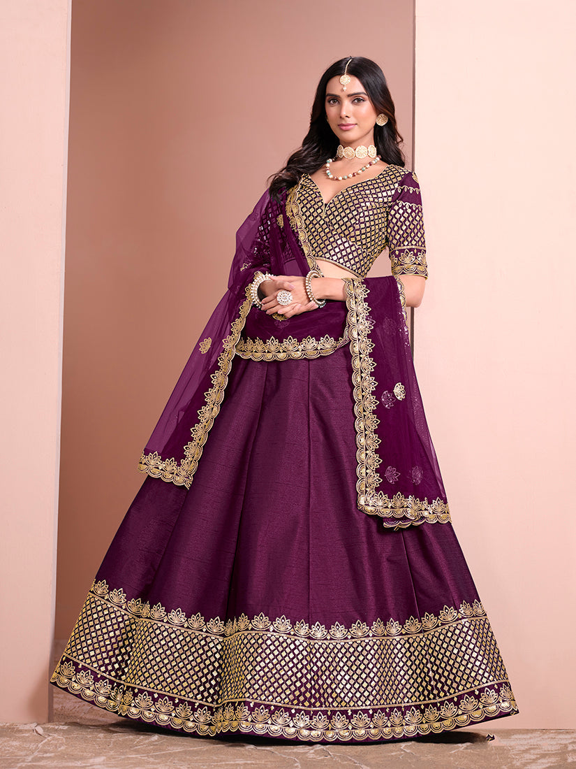 Monjolika Fashion Dark Purple Embroidered Art Silk Designer Lehenga Choli | Grocsy