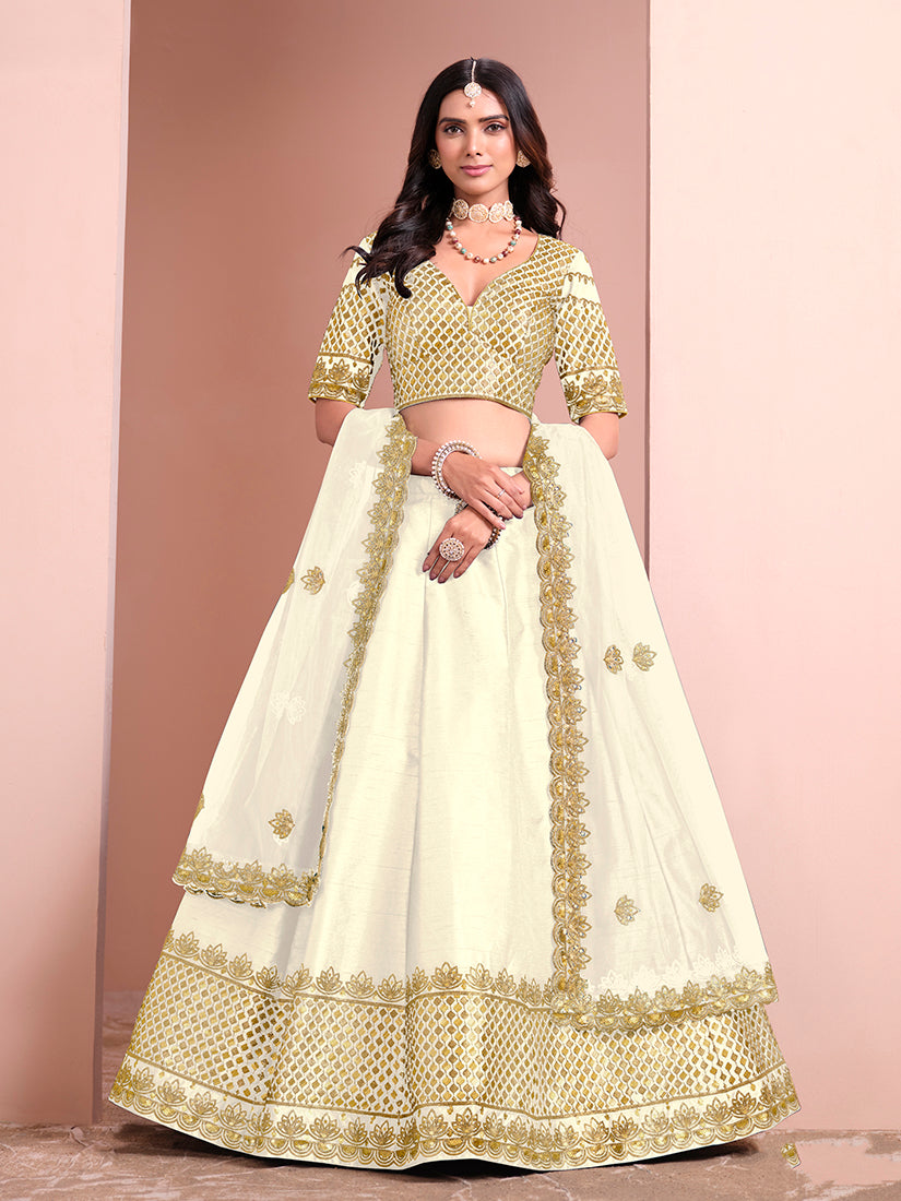 Monjolika Fashion Off White Embroidered Art Silk Designer Lehenga Choli | Grocsy