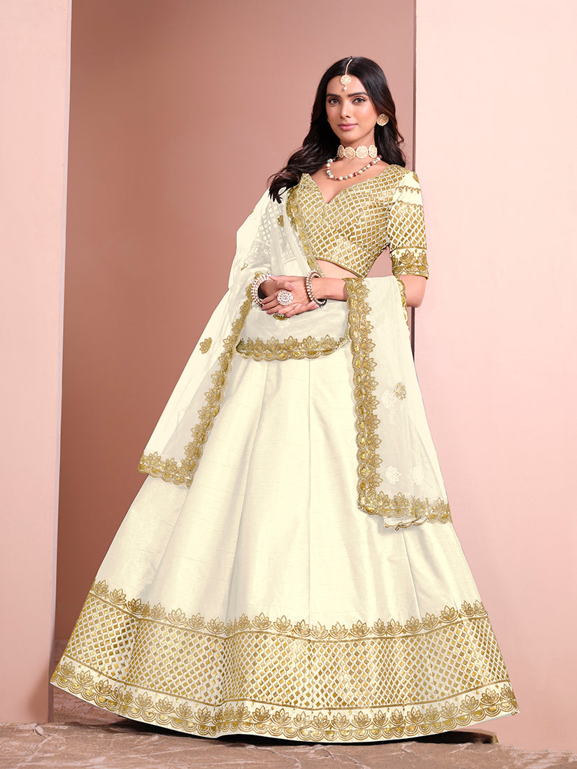 Monjolika Fashion Off White Embroidered Art Silk Designer Lehenga Choli | Grocsy