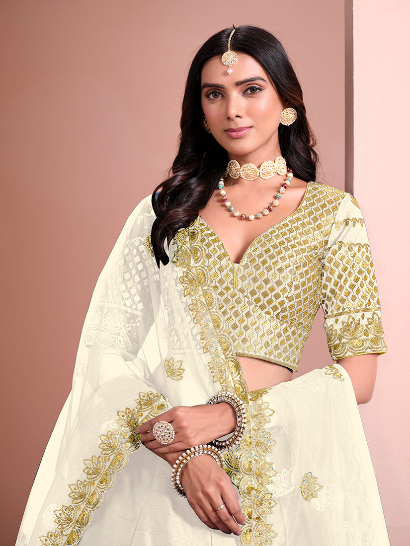 Monjolika Fashion Off White Embroidered Art Silk Designer Lehenga Choli | Grocsy