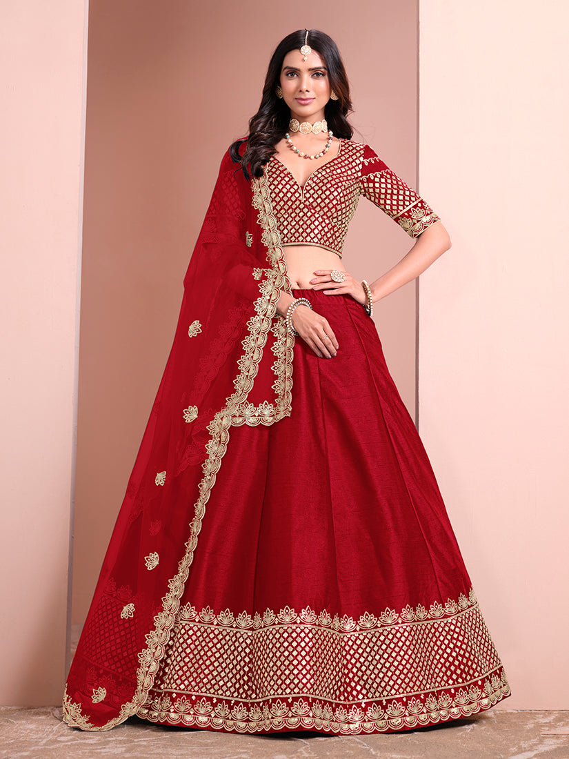 Monjolika Fashion Red Embroidered Art Silk Designer Lehenga Choli | Grocsy