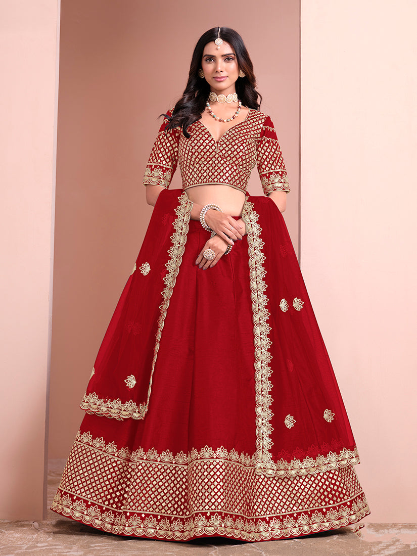 Monjolika Fashion Red Embroidered Art Silk Designer Lehenga Choli | Grocsy