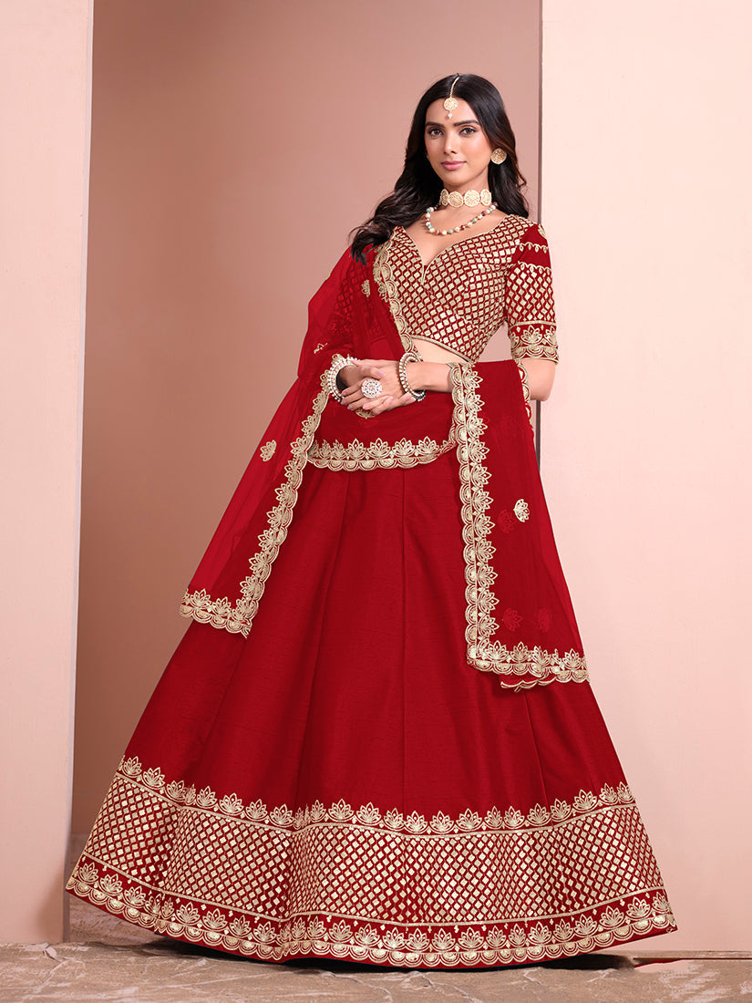Monjolika Fashion Red Embroidered Art Silk Designer Lehenga Choli | Grocsy