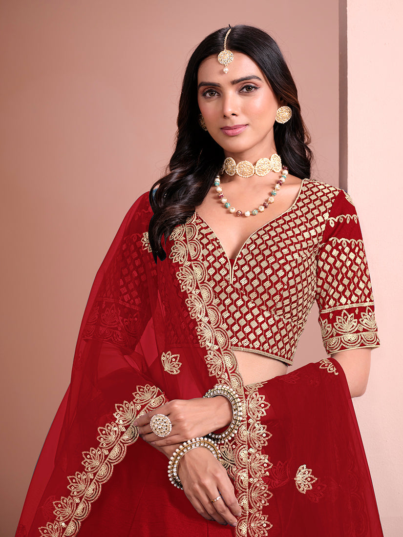 Monjolika Fashion Red Embroidered Art Silk Designer Lehenga Choli | Grocsy