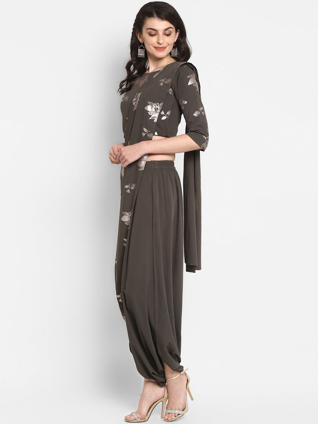 Janasya Women Grey & Silver Floral Print Top with Dhoti Pants & Dupatta | Grocsy