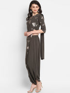Janasya Women Grey & Silver Floral Print Top with Dhoti Pants & Dupatta | Grocsy