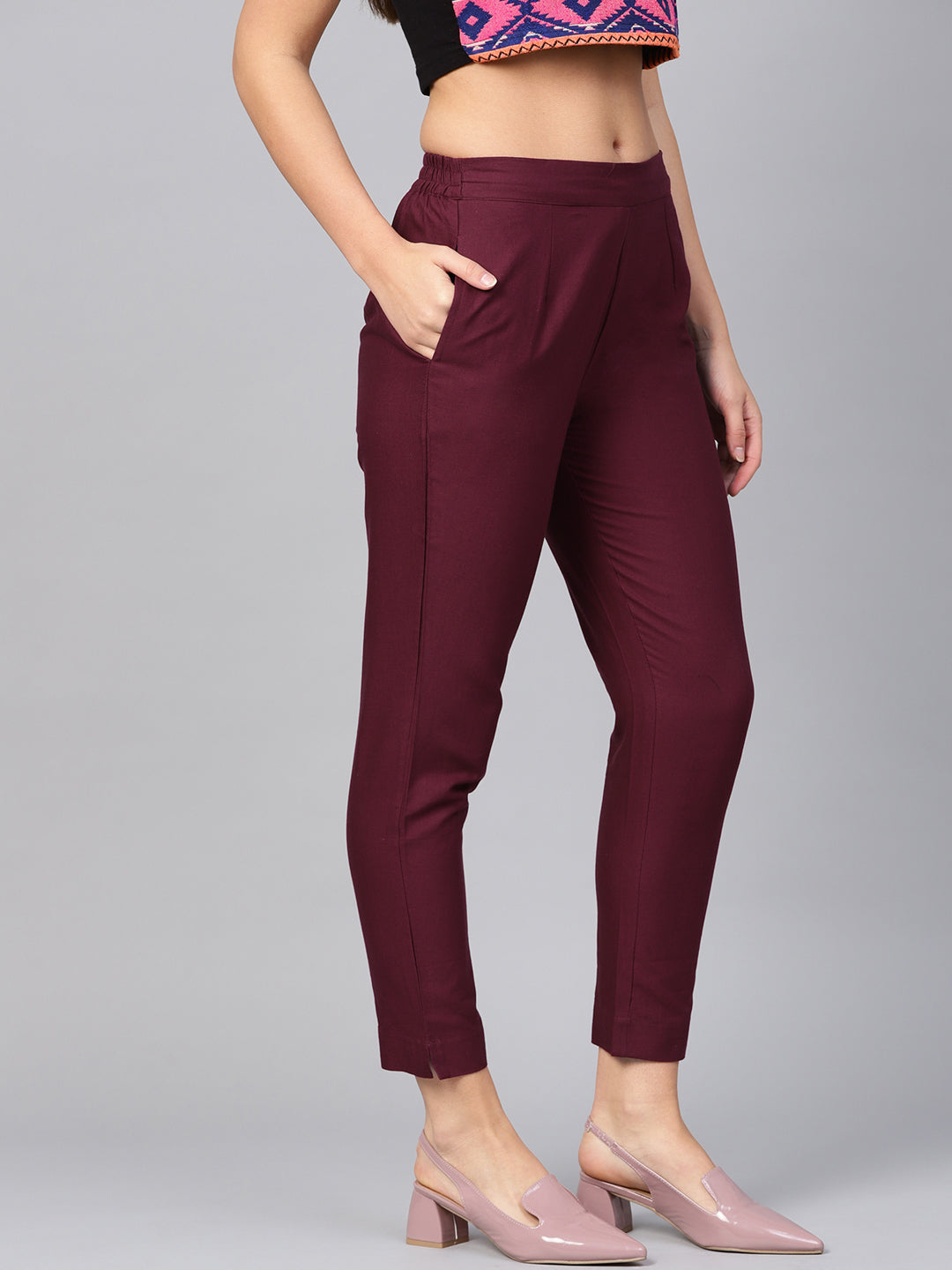 Juniper Women Burgundy Cotton Flex Solid Slim Fit Pant/Slim Pant | Grocsy