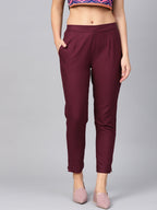 Juniper Women Burgundy Cotton Flex Solid Slim Fit Pant/Slim Pant | Grocsy