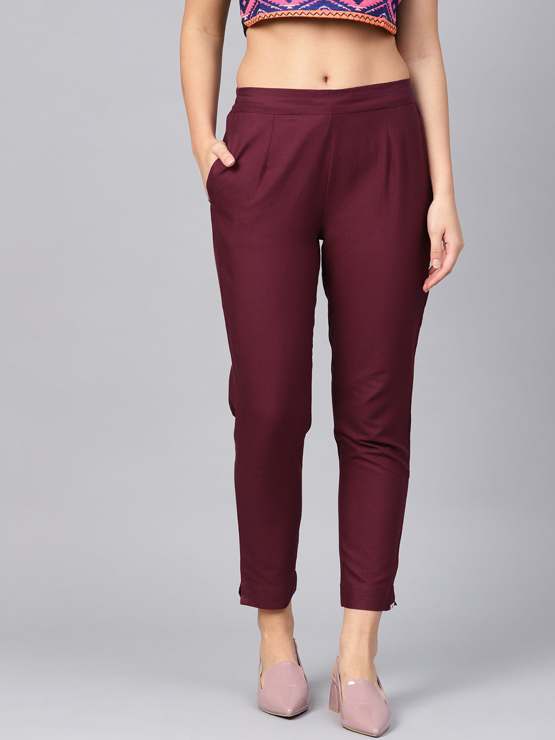 Juniper Women Burgundy Cotton Flex Solid Slim Fit Pant/Slim Pant | Grocsy