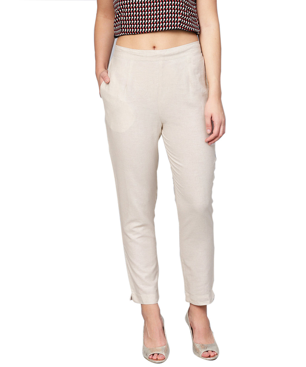 Juniper Women Offwhite Cotton Flex Solid Slim Fit Pant/Slim Pant | Grocsy