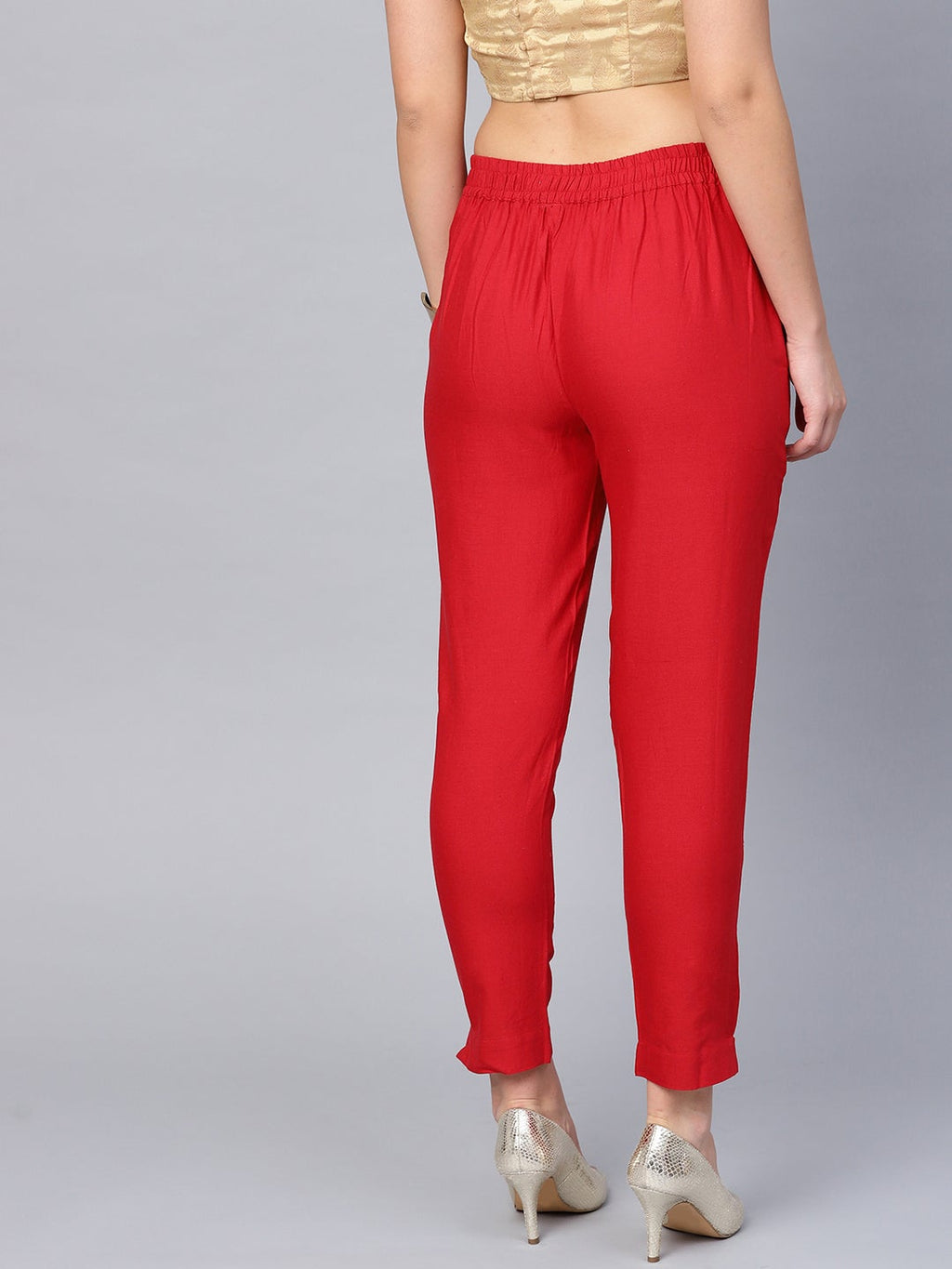 Juniper Red Solid Cotton Flex Slim Fit Women Pants With Two Pockets | Grocsy