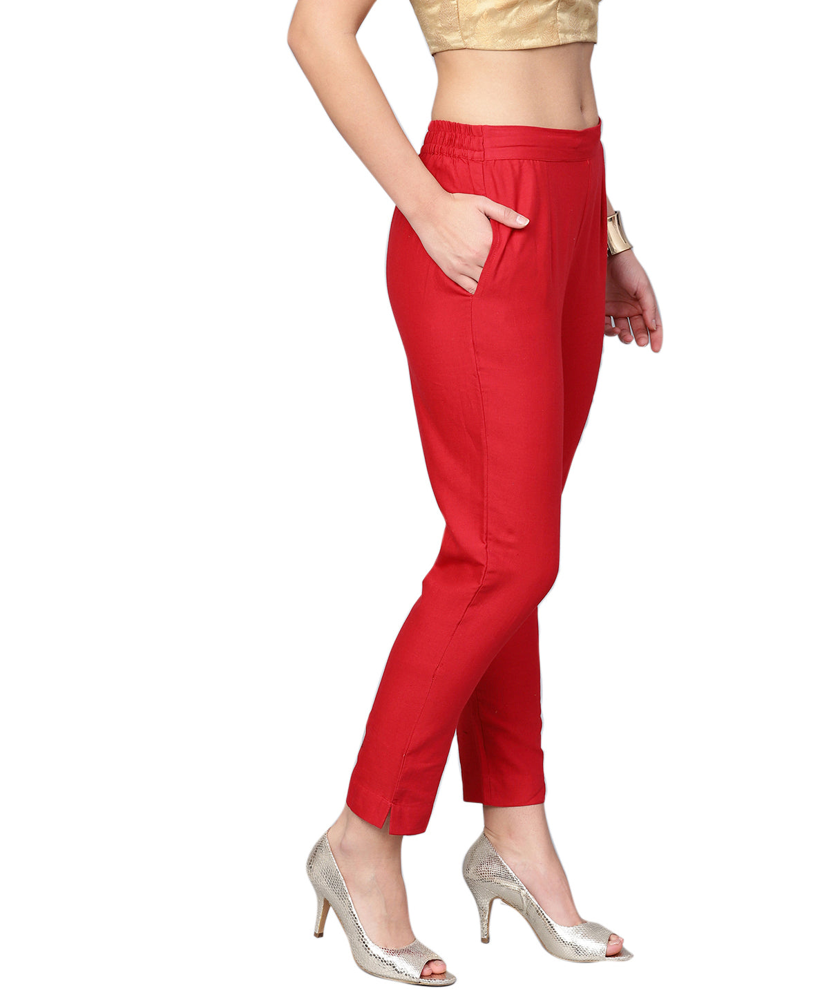 Juniper Women Red Cotton Flex Solid Slim Fit Pant/Slim Pant | Grocsy