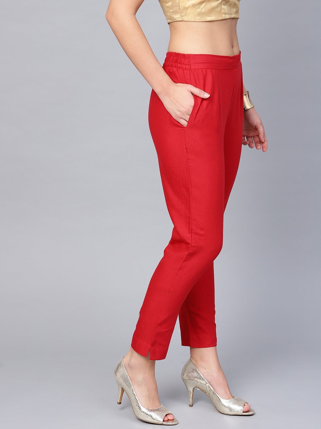 Juniper Red Solid Cotton Flex Slim Fit Women Pants With Two Pockets | Grocsy