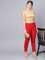 Juniper Red Solid Cotton Flex Slim Fit Women Pants With Two Pockets | Grocsy