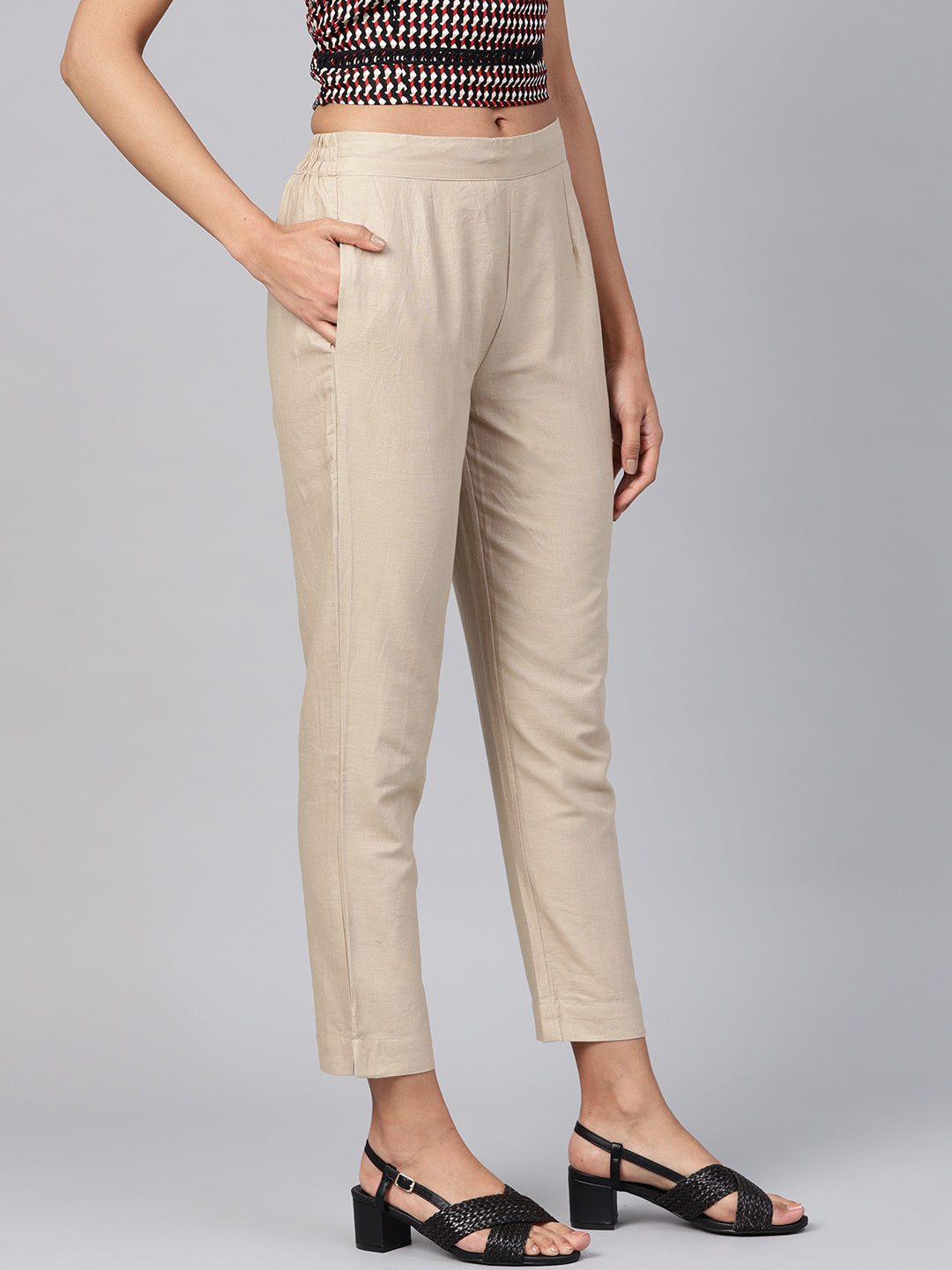 Juniper Women Sandgrey Cotton Flex Solid Slim Fit Pant/Slim Pant | Grocsy
