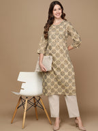 HERE&NOW Beige & Green Ethnic Motifs Printed Sequinned Thread Work Cotton Kurta | Grocsy