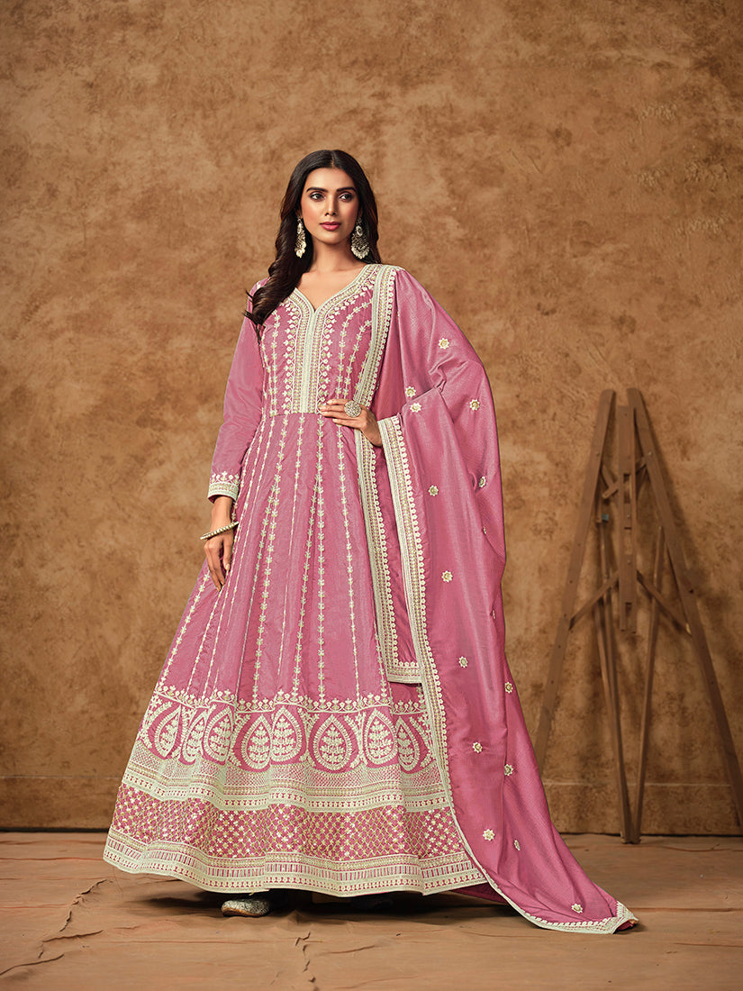 Monjolika Fashion Pink Color Embroidered Santoon Silk Salwar Suit | Grocsy