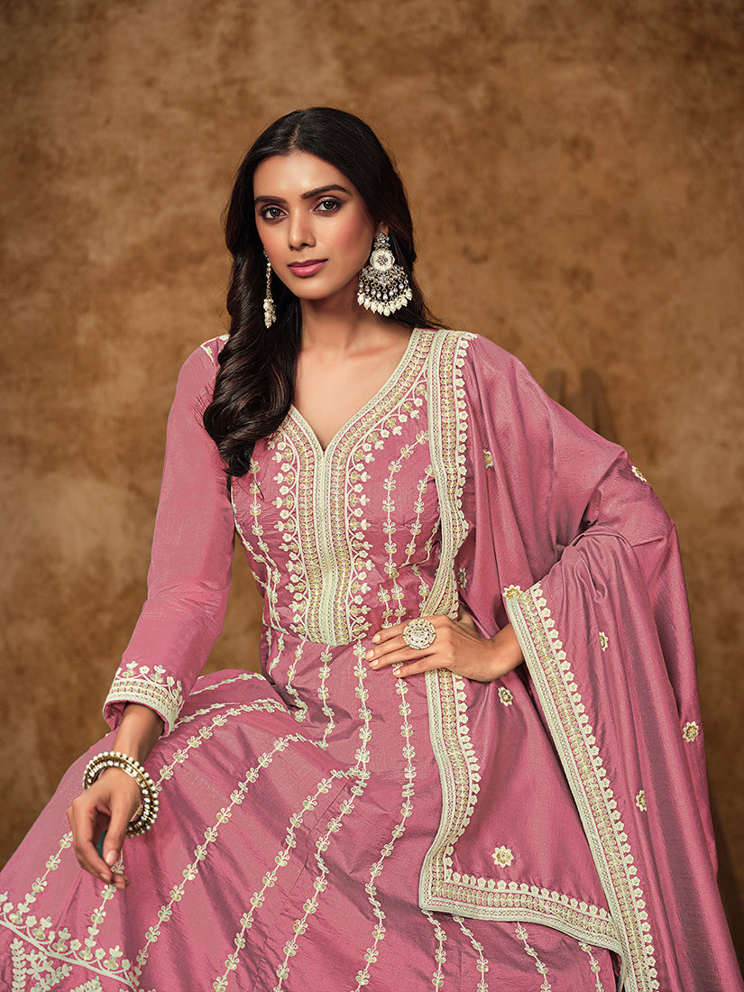 Monjolika Fashion Pink Color Embroidered Santoon Silk Salwar Suit | Grocsy