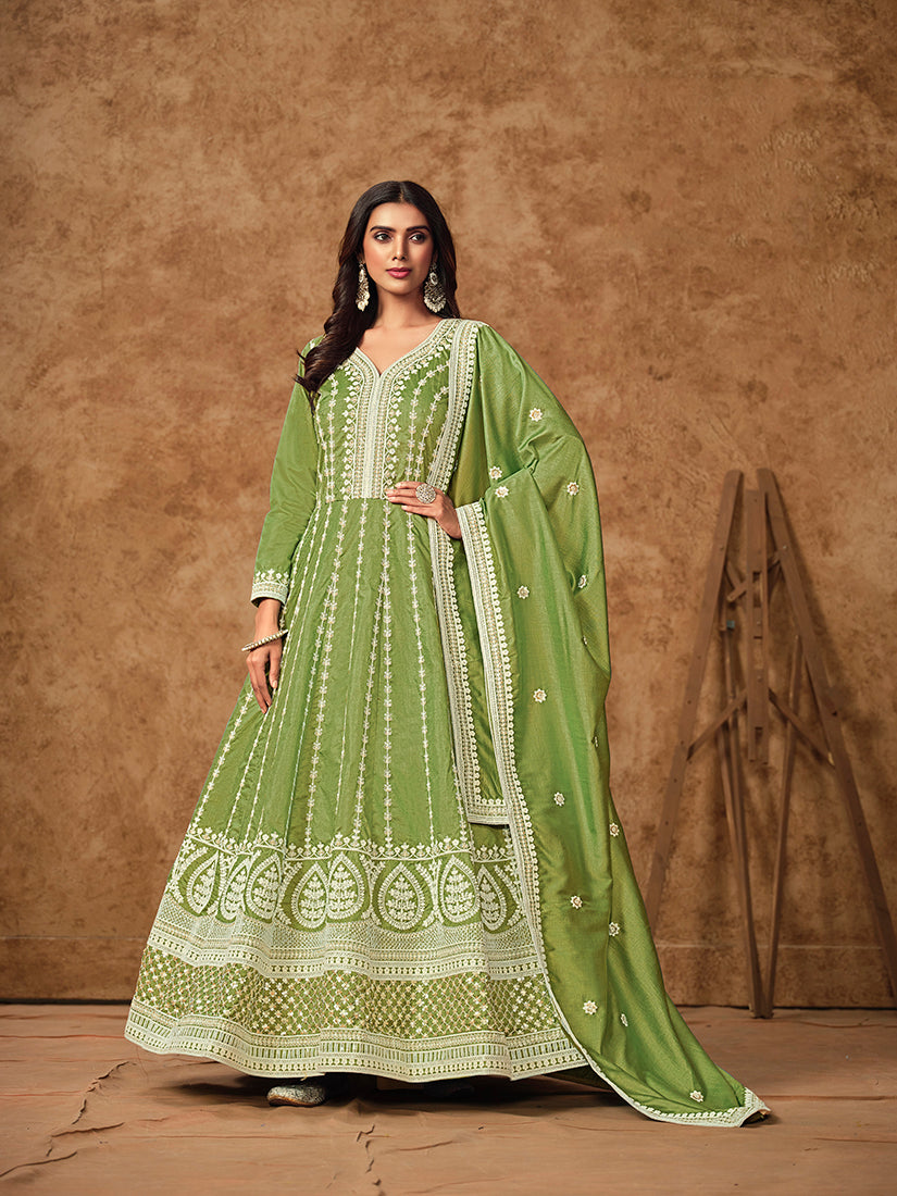 Monjolika Fashion Green Color Embroidered Santoon Silk Salwar Suit | Grocsy