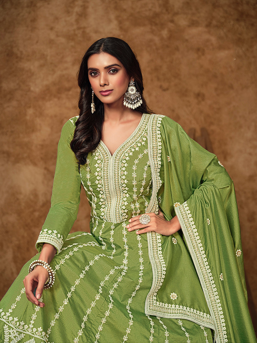 Monjolika Fashion Green Color Embroidered Santoon Silk Salwar Suit | Grocsy
