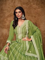 Monjolika Fashion Green Color Embroidered Santoon Silk Salwar Suit | Grocsy