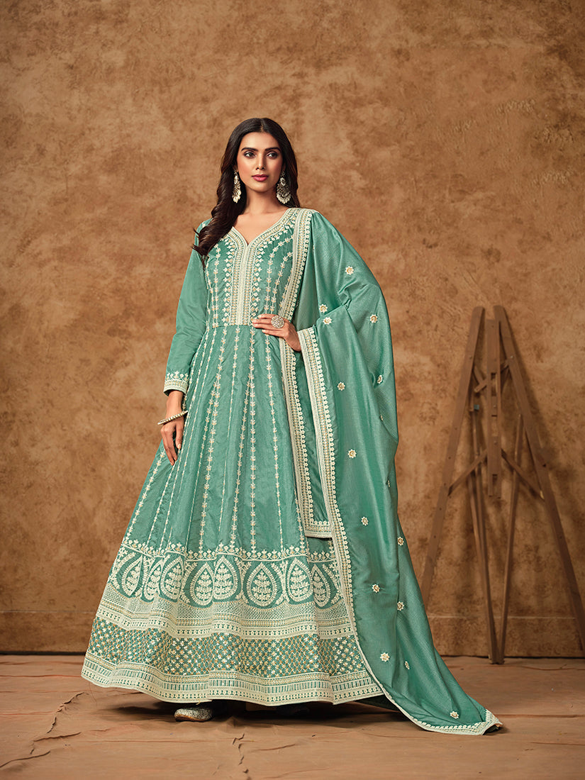 Monjolika Fashion Aqua-Blue Color Embroidered Santoon Silk Salwar Suit | Grocsy