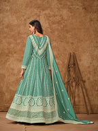 Monjolika Fashion Aqua-Blue Color Embroidered Santoon Silk Salwar Suit | Grocsy