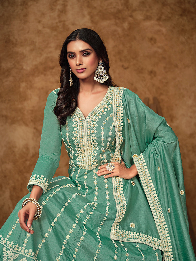 Monjolika Fashion Aqua-Blue Color Embroidered Santoon Silk Salwar Suit | Grocsy