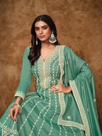 Monjolika Fashion Aqua-Blue Color Embroidered Santoon Silk Salwar Suit | Grocsy