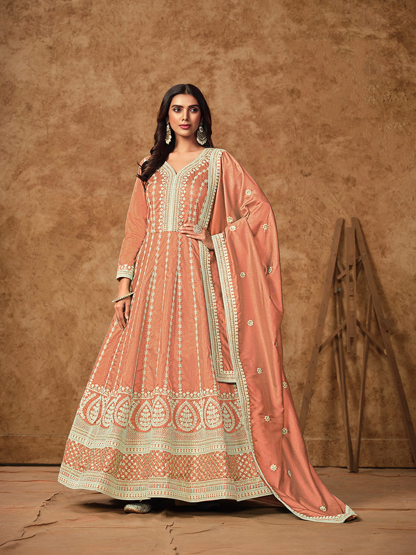 Monjolika Fashion Peach Color Embroidered Santoon Silk Salwar Suit | Grocsy