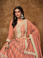 Monjolika Fashion Peach Color Embroidered Santoon Silk Salwar Suit | Grocsy