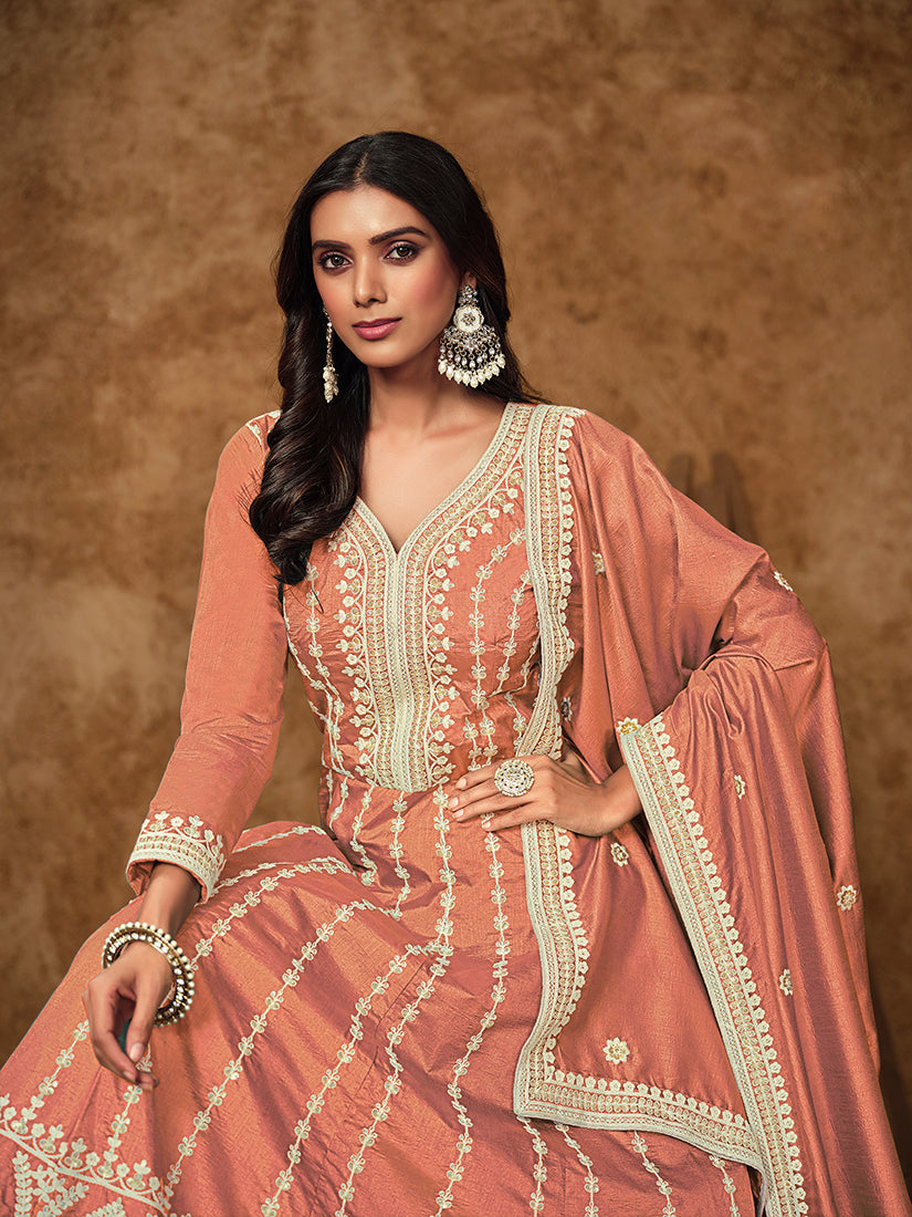Monjolika Fashion Peach Color Embroidered Santoon Silk Salwar Suit | Grocsy